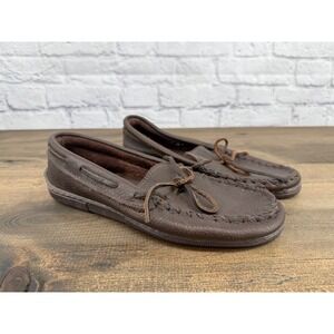 Minnetonka Mens Moosehide Classic Moccasin Slippers Shoes Size 9 Brown Leather